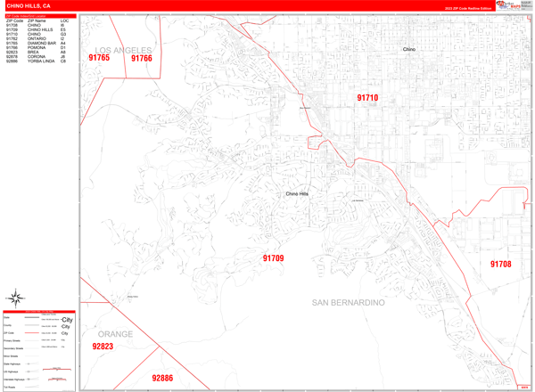 Chino Hills City Digital Map Red Line Style